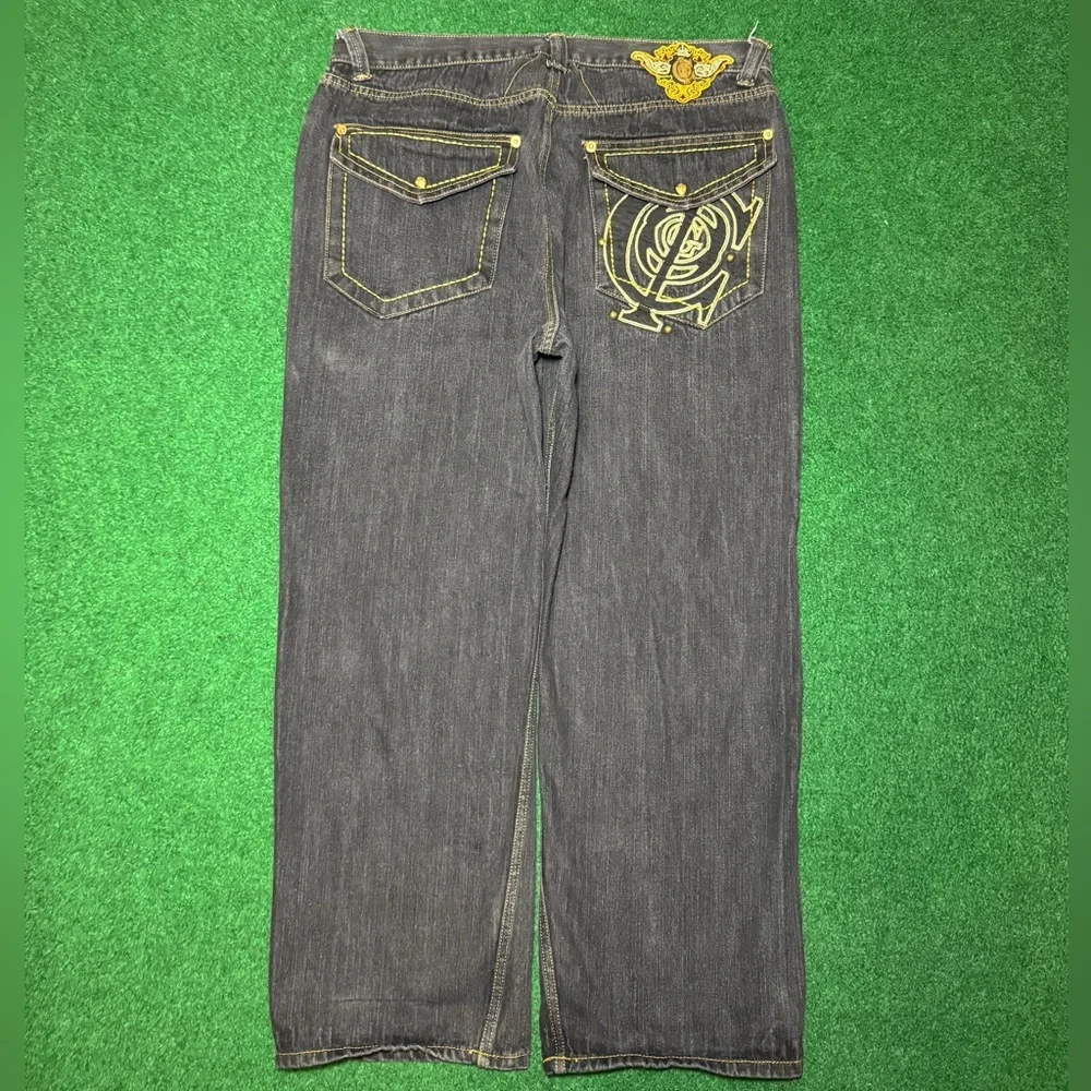 Vintage Y2K Coogi Baggy Hip Hop Embroidered Gold Black 40x32 Denim Jeans